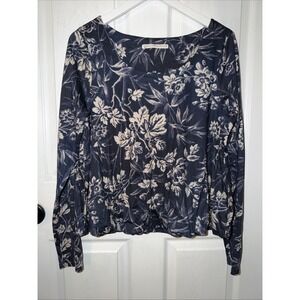 Peruvian Connection Bali Top Blouse Ink Blue Bubble Hem Sz L Large Floral